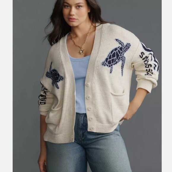 Anthropologie Pilcro Sea Turtle Cardigan Sweater Surf Bound Nautical Size 1X NWT - Picture 1 of 8